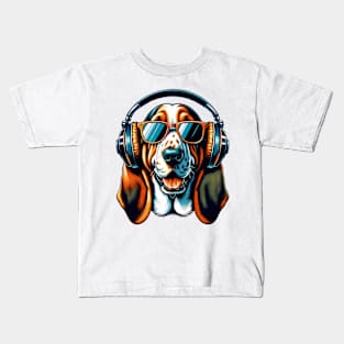 Basset Hound Smiling DJ with Headphones Japanese Art Kids T-Shirt